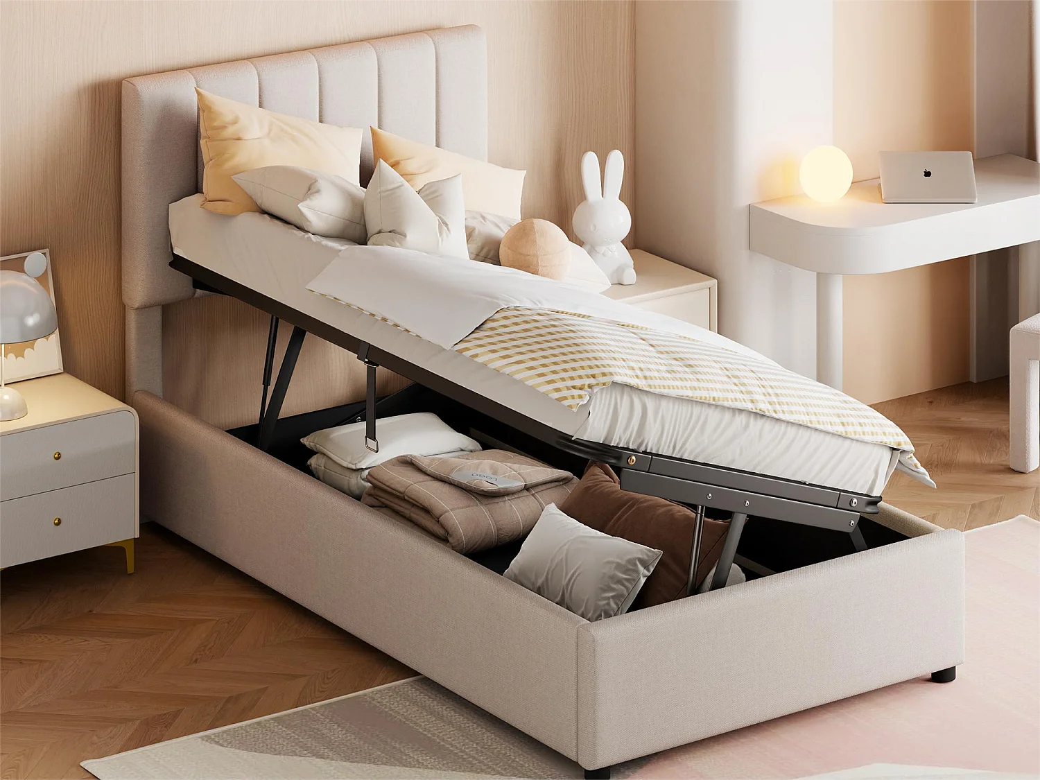 Letto Singolo Moderno 90x200 Cm Con Cassetti E Testiera Imbottita In Lino - Contiene Rete A Doghe, Vano Portaoggetti, Per Ragazzi E Cameretta