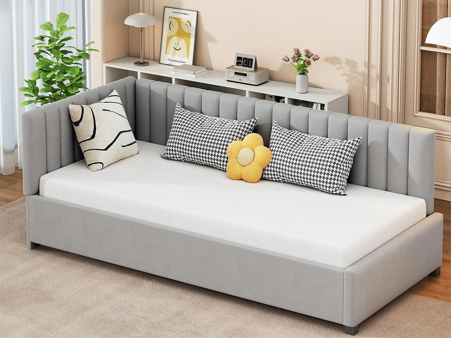 Lettino Imbottito 90x200 Con 2 Cassetti, MSMOK, Beige, Divano Letto Per Ragazzi E Ospiti, Senza Materasso
