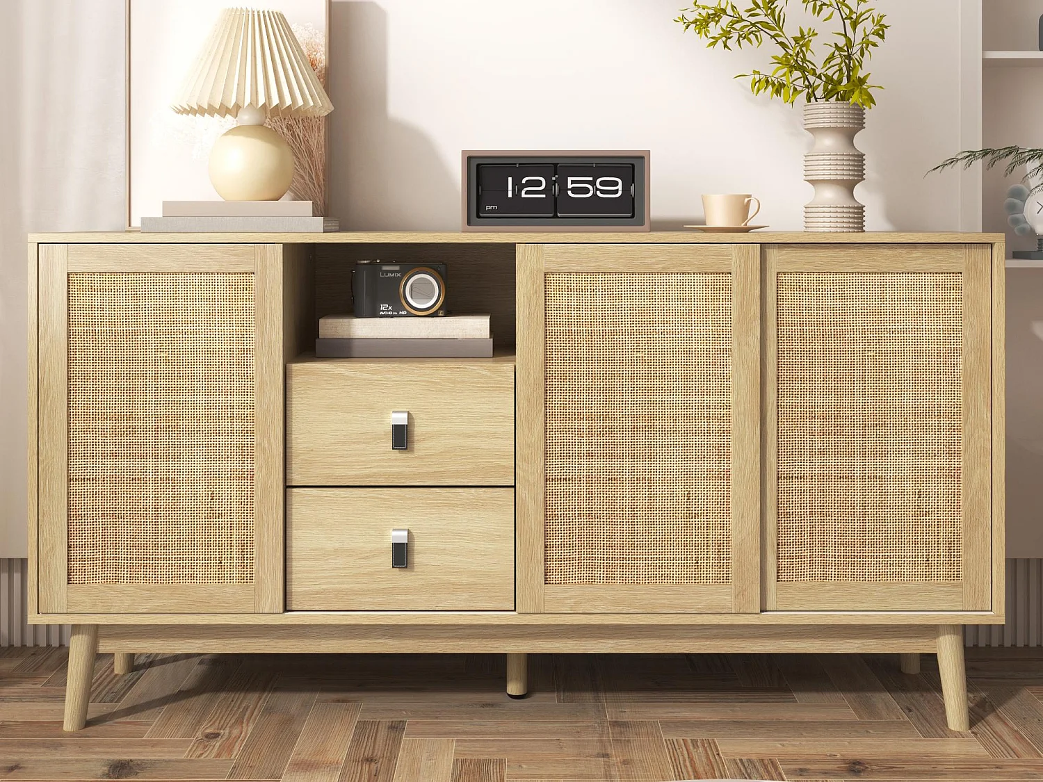 Credenza In Rattan - Credenza In Rovere Con 1 Cassetto E 2 Ante Ripiani Regolabili Gambe In Legno