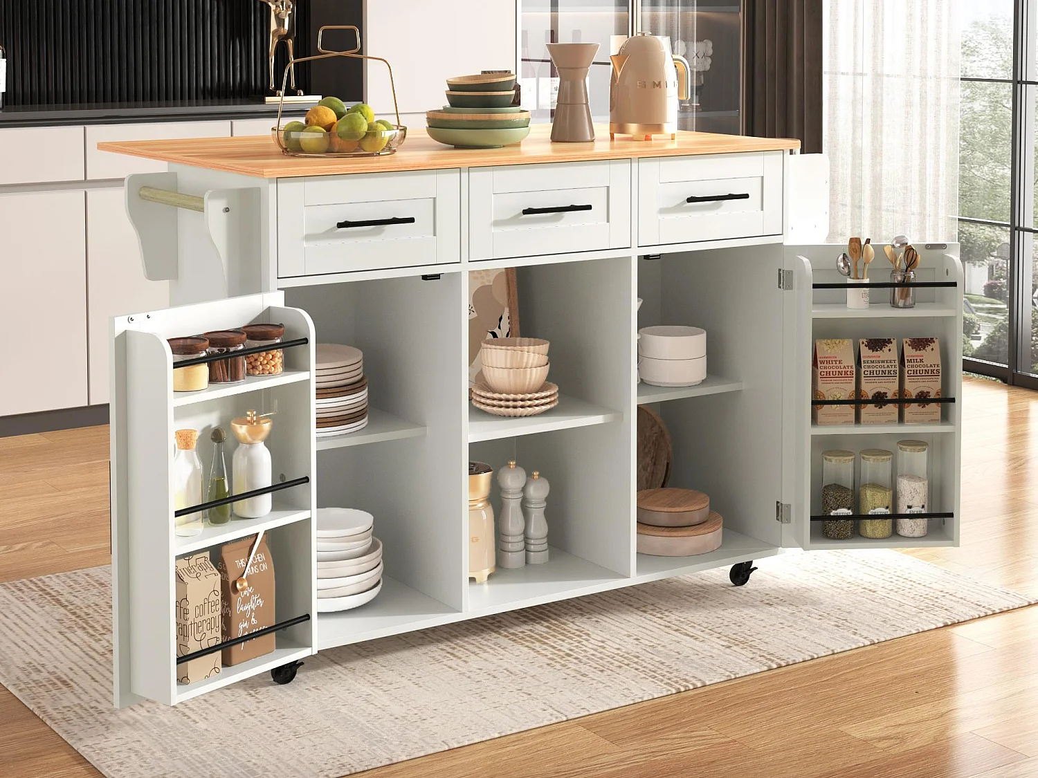 Isola Da Cucina Mobile Con Piano Pieghevole – Carrello Con Cassetti, Armadietti E Porta Asciugamani, Piedini In Legno Massello E Ruote, Colore Bianco!