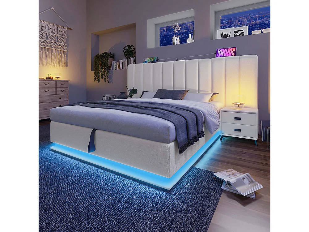 Letto Matrimoniale Imbottito 180x200 Cm Con Contenitore Idraulico, Testiera Regolabile Con Luci LED E Porte USB - Cotone Grigio (Materasso Escluso) - 6