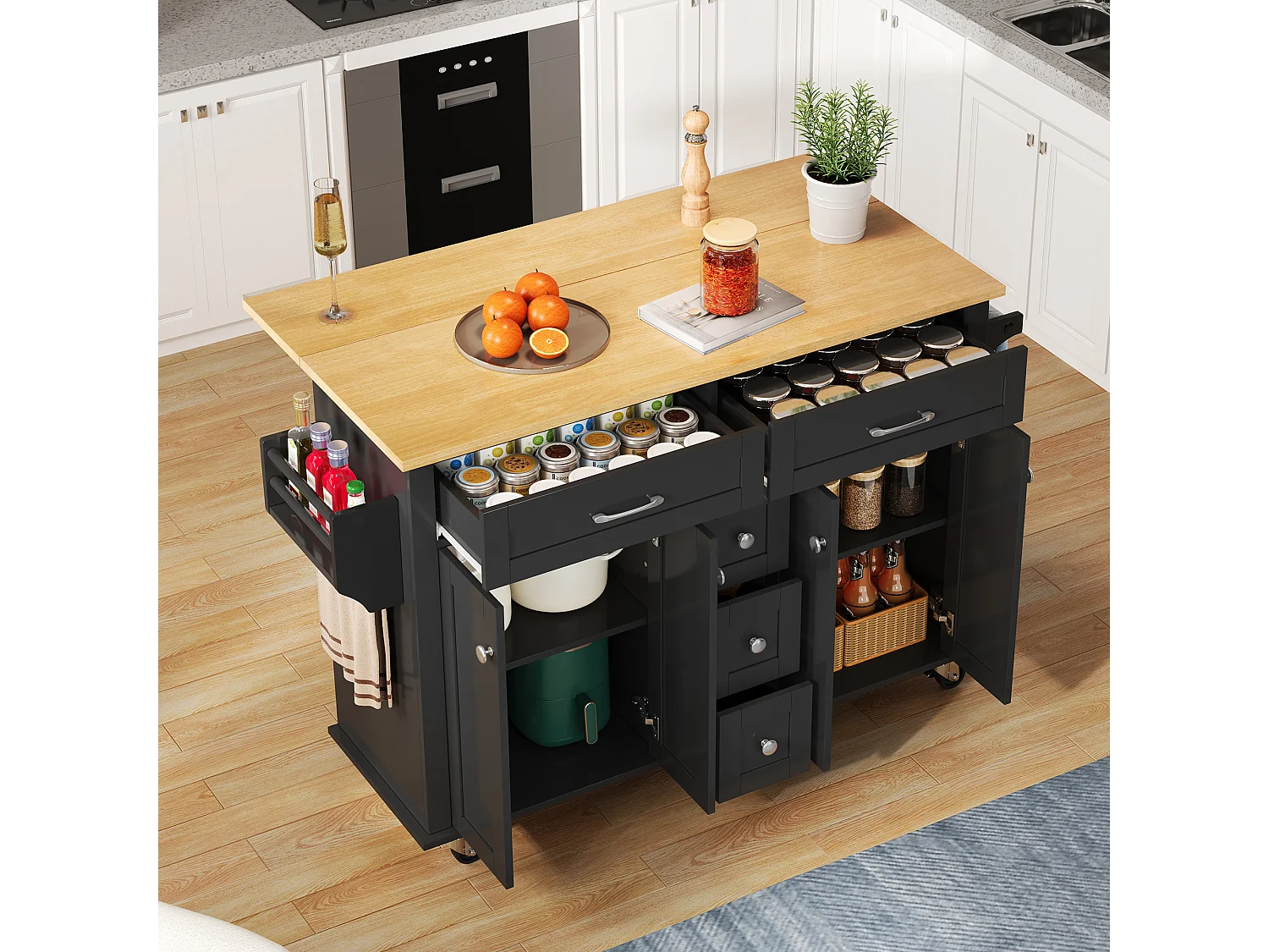 Carrello da cucina su ruote con 2 cassetti, 2 ante e ripiani interni, piano allungabile in finitura legno, bianco