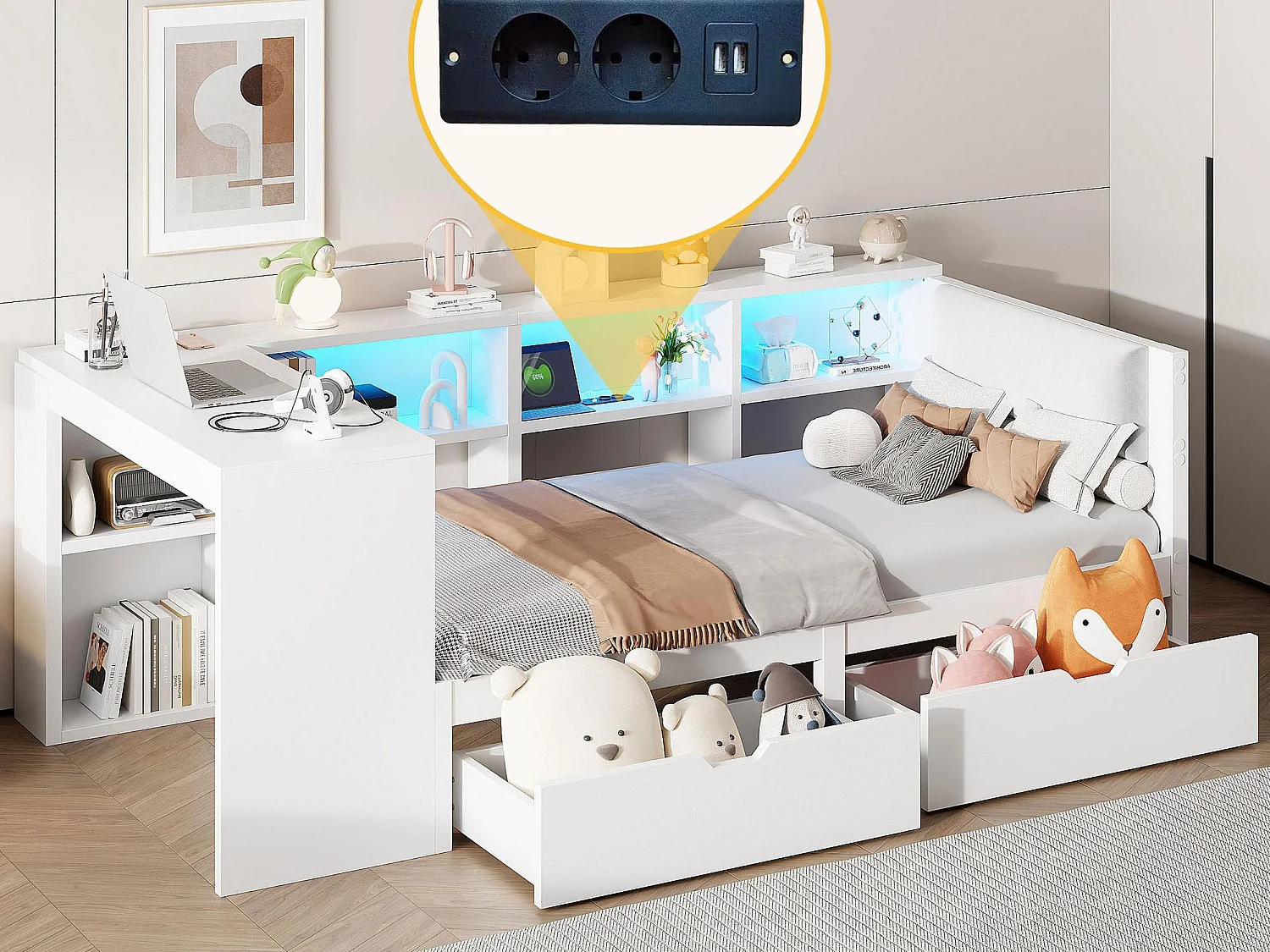 Fixwal Struttura Letto Matrimoniale Con Luci LED E Ricarica | Telaio In Metallo Bianco Con Prese | Portata 226 Kg