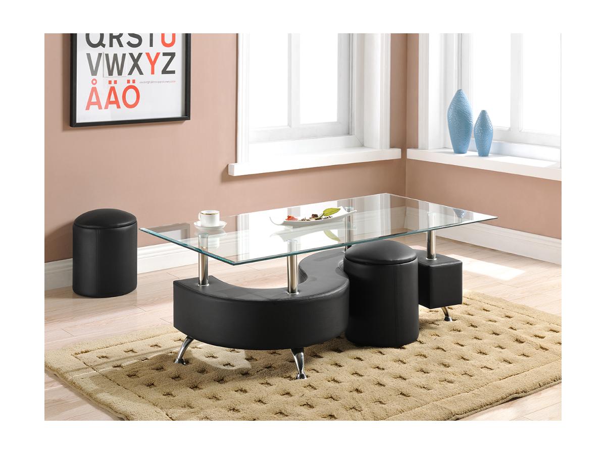 Tavolino con 2 pouf inclusi in MDF, rivestito in similpelle nera ... Tavolino con 2 pouf inclusi in MDF, rivestito in similpelle nera ...